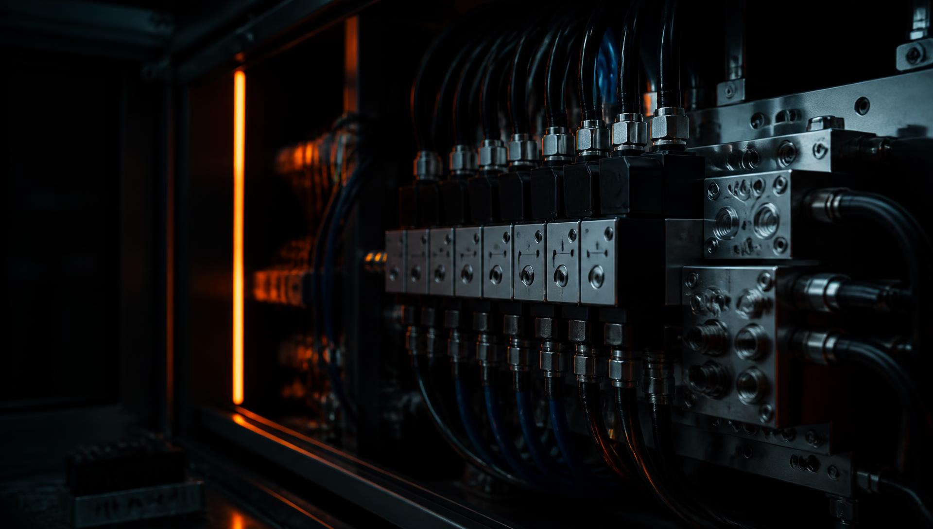 Painel de automação industrial com manifolds pneumáticos